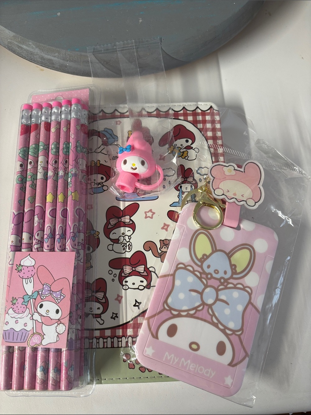 My Melody - 8x5 soft notebook, pencils, Badge/Luggage Holder and straw topper.
